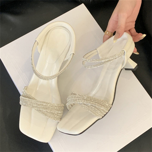 XSD Summer Collection Comfortable Women's Silver <b>Sandals</b> with Low Heels Black Crystal Lace-Up Design for Outdoor Use - Product Image 2