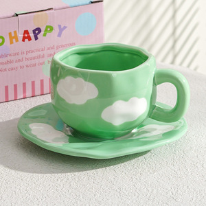 Tazza in Ceramica Fatta a Mano con Motivo Nuvola Blu, <span class=keywords><strong>Set</strong></span> da Tè Pomeridiano con Piattino Irregolare, Tazza da <span class=keywords><strong>Caffè</strong></span> 300ml, Regalo per Coppie - Product Image 4