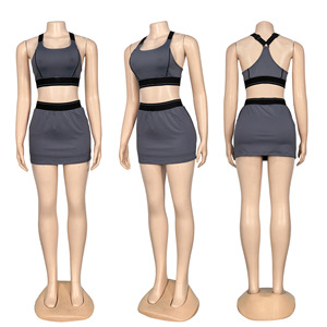Yoga Set <b>Crop</b> <b>Top</b> <b>Skirt</b> Two Piece Solid Color Spandex Polyester Sleeveless Scoop Neck High Waist With Safety Pant - Product Image 4