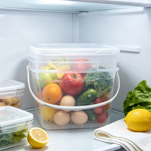 Cubo de plástico transparente reutilizable con tapa y asa portátil para refrigerador, para conservar frutas, verduras y alimentos frescos. - Product Image 1