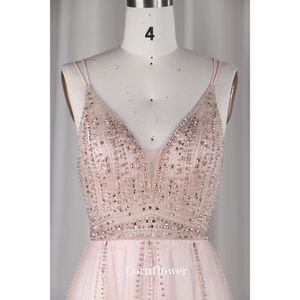 Robe de soirée moderne et élégante en tulle, jupe droite champagne, col en V profond, bretelles spaghetti, longueur au sol, perle, <span class=keywords><strong>gaine</strong></span> en pierre chaude - Product Image 4