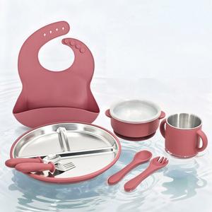Juego de alimentación para bebés de 8 piezas, platos y tazones de acero inoxidable con ventosas, tenedor y cuchara de silicona, utensilios para la alimentación complementaria (BLW) - Product Image 4