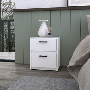 <b>White</b> 2 Drawer Nightstand Modern Bedroom Storage <b>Cabinet</b> With Black Handles For <b>Bedside</b> Use - Product Image 1