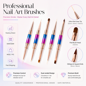 Lot de 5 pinceaux à ongles à manche métallique dégradé, double tête ovale, poils en nylon doux pour la conception d'ongles haut de gamme en salon - Product Image 1