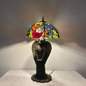 LongHuiJing European Floral Stained Glass LED Lampshade Table Lamp AC E26 Flexible Simple Angel Base Living Room Art Decoration - Product Image 1