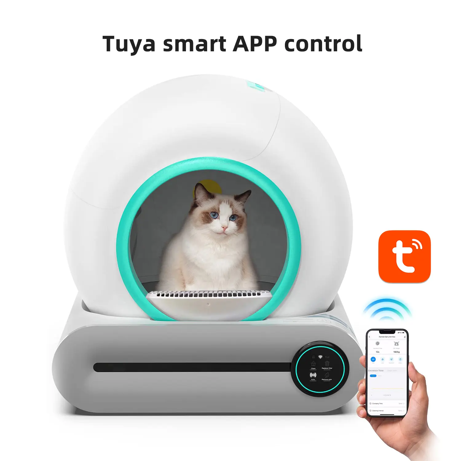 Nuevo diseño de moda, aplicación de bajo ruido, wifi, control táctil, inteligente, eléctrico, autolimpieza, caja de arena automática inteligente para gatos