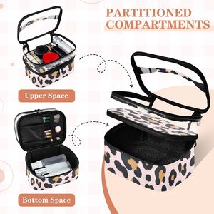 Sac de maquillage double couche imprimé léopard rose personnalisé en gros, pochette cosmétique transparente avec fermeture éclair, trousse de toilette étanche - Product Image 4