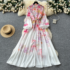 Verano Vintage túnica vendaje Casual Maxi vestido para mujer linterna manga imperio impreso vestido - Product Image 3
