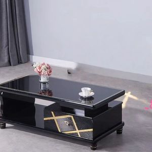Table basse en verre noir de luxe 2025 - Design géométrique doré avec tiroir accentué et cadre en bois - Meubles de salon pour la maison - Product Image 1