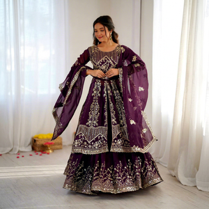 Heavy Micro Cotton Crunchy Silk Heavy Embroidery Sequence Work With Sleeves Party Wear Top Lehenga and Dupatta Set - Product Image 1