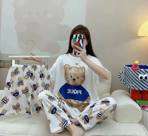 Women's 3-Piece Korean Style Pajama Set O-Neck <strong>Top</strong>, Shorts &amp; Long Pants, <strong>Silky</strong> Soft Cartoon Print Summer Lounge Wear - Product Image 1