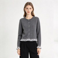 Cardigan en tricot gris pour femme, pull-over à col rond avec boutons perlés et ourlet en dentelle à pois, vêtement d'extérieur pour l'automne, 15a-4006
