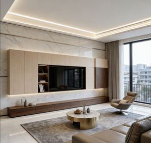 Meuble TV bas personnalisé BALOM avec 3 portes et 2 tiroirs, unité multimédia en bois pour téléviseur de 70 pouces, meuble de rangement pour salon, meubles de maison - Product Image 1