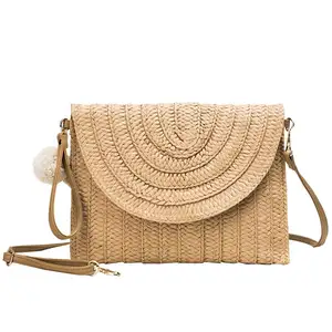 Ins Best Selling Women's Straw Handbags Large Summer Beach Tote Woven Rectangle Pompom Handle Shoulder Bag