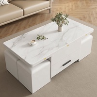 Mesa de Centro con Tapa Elevable y 4 Taburetes de Almacenamiento para Sala de Estar, Efecto Mármol, Cajón con Ruedas, Mesa Baja Multifuncional