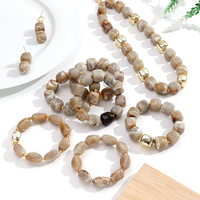 Joyería de Fiesta Vintage para Mujer, Collar de Piedras Geométricas de Plástico, Aretes, Pulsera Elástica de Cuentas Acrílicas con Textura Irregular
