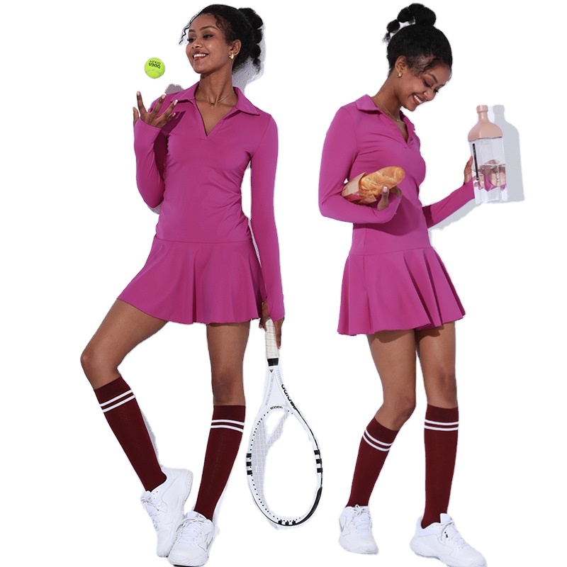 dropshipping magenta beach sports sexy pattern white long sleeve tennis dress for women tennis wear with shorts custom logo