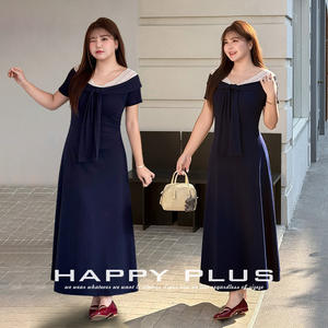 Robe longue femme grande taille Runqi à col marin, bordure en dentelle, détail ruban, manches courtes, taille naturelle, coupe 3D - Product Image 3