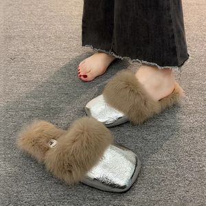 Ciabatte da donna senza schienale con punta quadrata, in pelliccia effetto stropicciato, morbide e comode, alla moda, per l'inverno, da interno ed esterno - Product Image 3