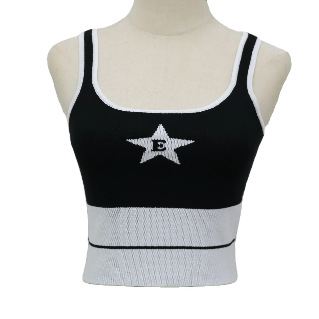 Custom cotton 12GG women's vest black and white contrast color women's sexy vest tight star print women's sweater