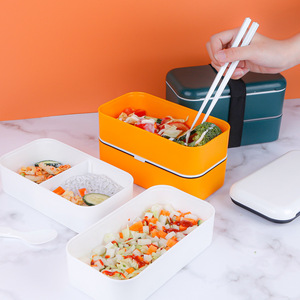 Japanese Style Double Layer Plastic <b>Lunch</b> <b>Box</b> Airtight Bento <b>Box</b> <b>Microwave</b> Safe Student Use Rectangle Solid Color - Product Image 4