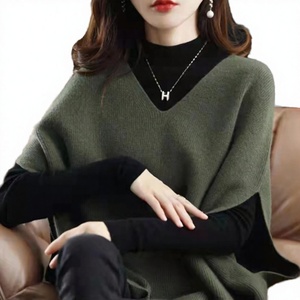 Pull sans manches en maille côtelée pour femme, col en V, manches chauve-souris, coupe ample, en mélange polyester-coton, idéal pour le printemps - Product Image 3