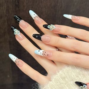 Ongles à presser 3D faits main extra longs, base nude transparente, dégradé noir et <span class=keywords><strong>bleu</strong></span> ciel, French manucure faite main, teinte pâle - Product Image 2