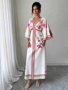 ชุดเดรสลำลองผู้หญิงแบบสั่งตัด ผ้าทอ 100% คอตตอน ระบายอากาศได้ดี ทรงปกติ เอวธรรมชาติ สำหรับฤดูใบไม้ร่วง คอตั้ง แขนสั้น ยาวแบบแม็กซี่ - Product Image 3