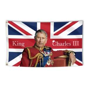 100% Poliéster 3X5Ft Reino Unido <span class=keywords><strong>Rey</strong></span> Carlos III Coronación 2023 Bandera con dos ojales - Product Image 3
