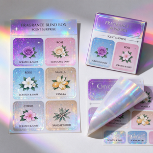 Autocollants multi-parfums à gratter et sentir, en PET holographique, effet laser argenté brillant, zones aromatiques pour emballage <span class=keywords><strong>de</strong></span> boîtes mystères parfumées - Product Image 1