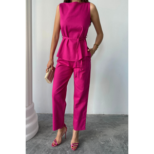 Conjunto de blusa y pantalón de lino fucsia modelo Massimo para mujer, talla S, ropa elegante para oficina - Product Image 5
