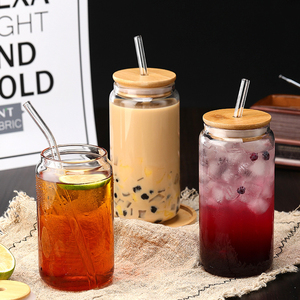 Đa chức năng bia sữa Ice Cream cup Borosilicate cốc thủy tinh 12oz 16oz cốc thủy tinh với nắp tre và rơm - Product Image 2