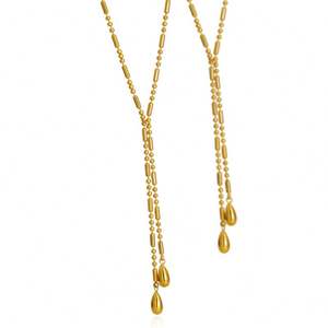 Collier long en acier inoxydable en forme de Y avec pendentif double goutte d'eau et pompon pour femmes - Product Image 1