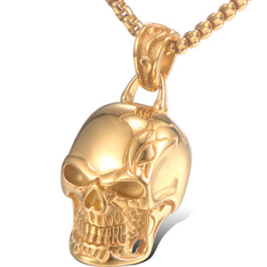Bijoux Hiphop hommes gothique biker plaqué or 316L acier inoxydable tête de mort pendentif - Product Image 2