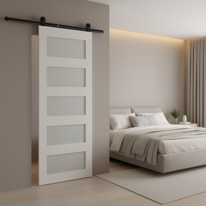Porte coulissante à poignée intégrée 30x80 pouces, 5 vitres dépolies, bois massif, porte intérieure de chambre, design contemporain - Product Image 2