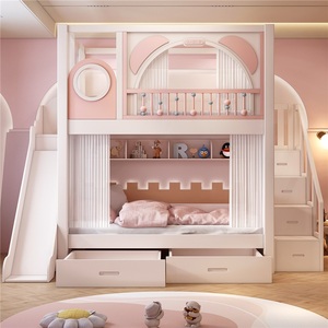 Cama litera de madera maciza para dormitorio de niñas JS, muebles modernos y duraderos con tobogán, escalera con armario y diseño de almacenamiento con doble cajón - Product Image 5