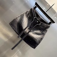 Mini-jupe en jean vintage grande taille pour femme, dégradé, ornée de strass, taille haute, coupe ajustée trapèze