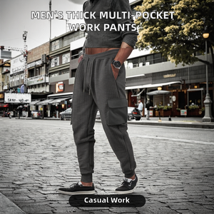 Cross-border Men's Spring and Autumn Sports Mid Waist Worsted Thickened Multi-pocket Small square Check Casual <b>Work</b> <b>Pants</b> - Product Image 2