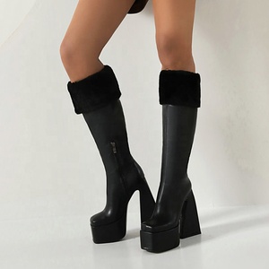 Winter Fur Top Turn Over Women Platform Knee High <b>Boots</b> Square Toe Long Booties High Chunky Heels Shoes - Product Image 4