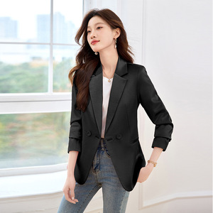 Pink Blazer For Women Slim Fit Korean Style Casual Short Jacket With Pocket Anti Wrinkle Solid Color Polyester Fabric - Product Image 3