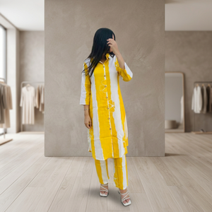 Conjunto de Vestido Casual de Algodón a Rayas Amarillas y Blancas con Pantalones, Manga Tres Cuartos, Cuello Camisero, Estilo Midi para Verano - Product Image 4