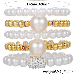 Imitation Pearl 5 Piece <b>Stacked</b> <b>Bracelet</b> Set Women's Party Jewelry Elegant Round Beaded With Diamond Encrusted Design - Product Image 4
