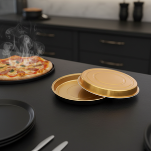 Plat à tarte rond en métal de 9,5 pouces avec couvercle, noir et or, en aluminium jetable, pour cuisson de pizzas et plats à emporter - Product Image 1