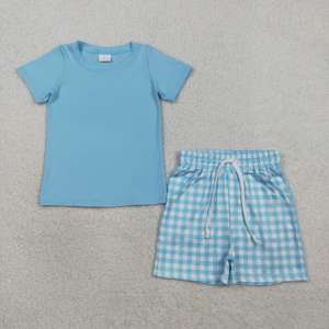 Set di T-shirt blu basic e pantaloncini blu a quadretti per bambini, comodo completo con pantaloncini per bambini con elastico in vita per il gioco quotidiano, disponibile in magazzino - Product Image 3