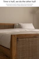 Cadre de lit double en rotin vintage, style Wabi Sabi, structure en bois massif, finition naturelle, lit plateforme moderne, meubles de chambre à coucher