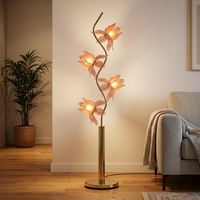 Lampe sur pied Lotus unique finition or avec 4 abat-jour en verre rose pour salon, chambre à coucher, décoration artistique de la maison