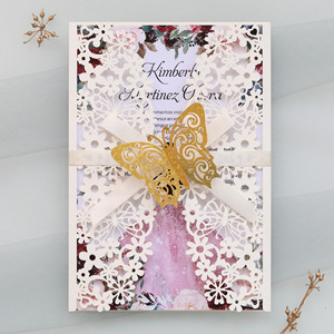 Invitación de compromiso estilo europeo, tarjeta de felicitación festiva, hermosa invitación de boda, mariposa 3D dorada calada. - Product Image 2