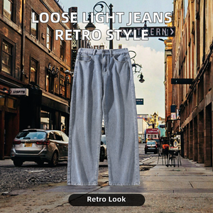 Jeans mi-longs délavés couleur unie claire personnalisés pour hommes, coupe ample, style décontracté, jambe droite large, denim baggy – Vente en gros - Product Image 2