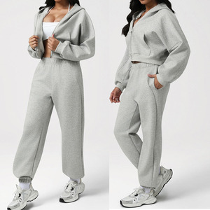 Custom Logo Cotton Zip up Hoodie Gym Suit Women Yoga Sportswear Casual Sweatpants Outfits Loose Comfortable Warm Sets Clothes