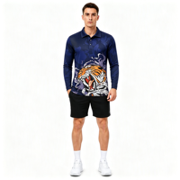 Polo à manches longues pour homme, personnalisé OEM ODM, sublimation, motif tigre rugissant, impression intégrale, pour un style streetwear